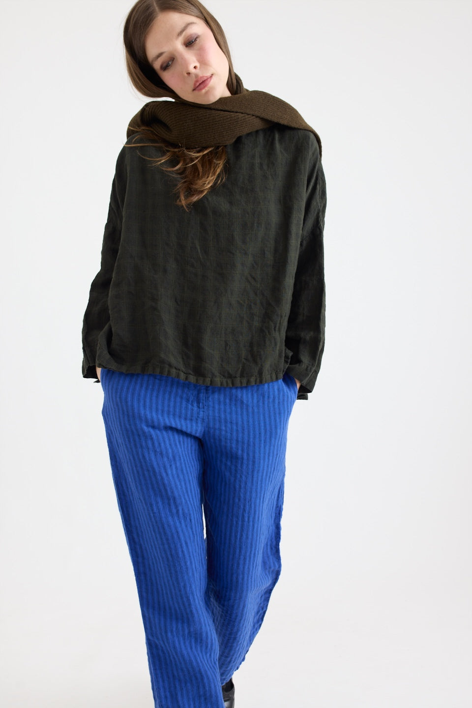 Sailor Boxy Top - Textured Check Linen