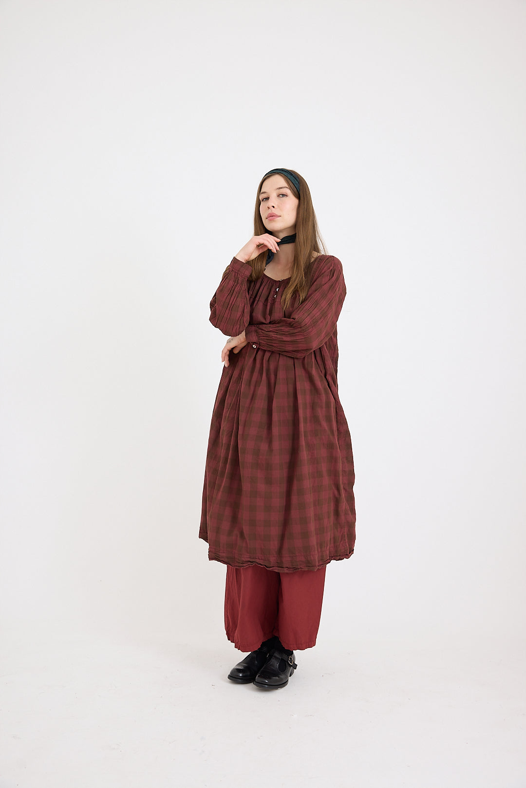 Elle Gathered Dress - Olive Check Cotton Voile