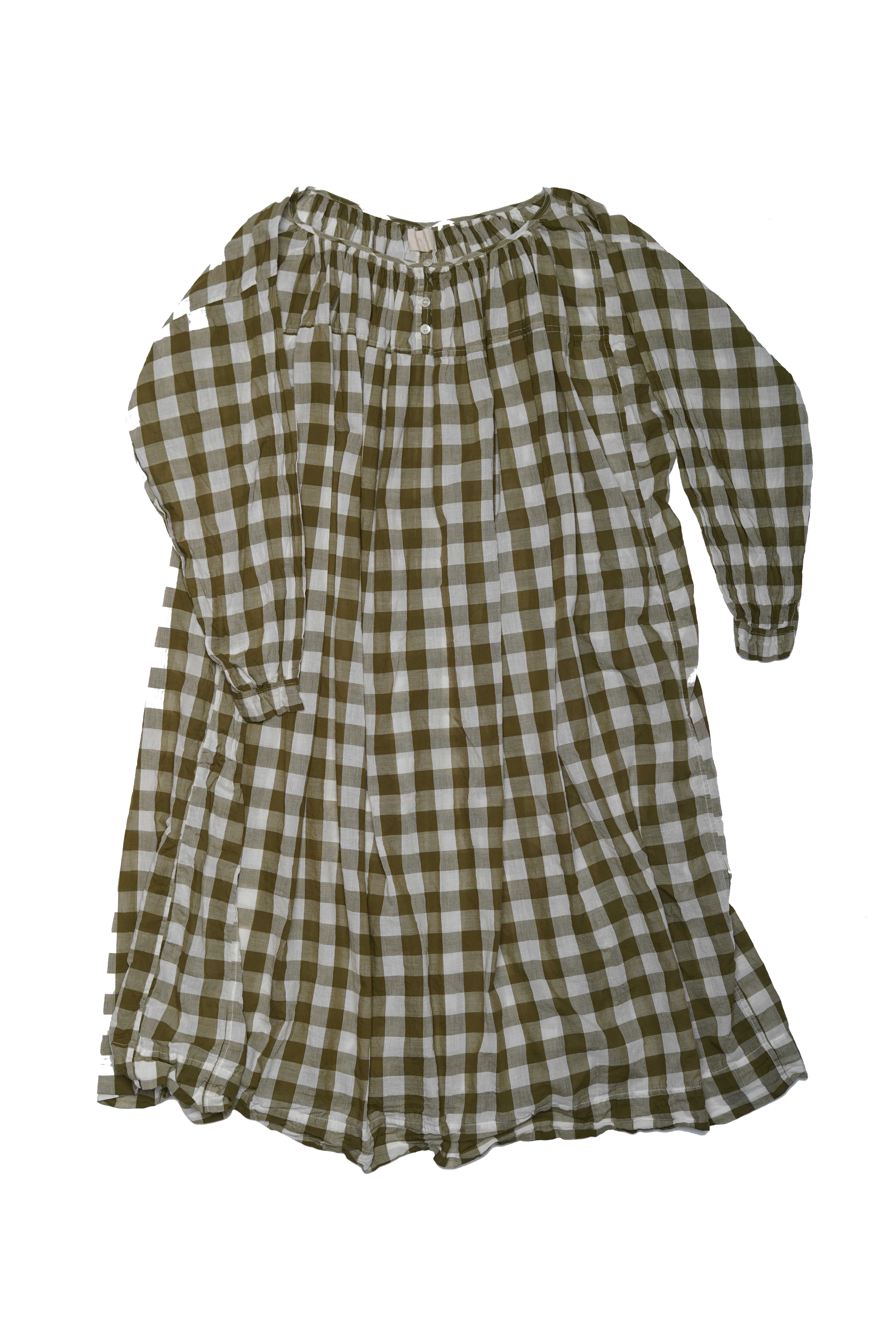 Elle Gathered Dress - Olive Check Cotton Voile