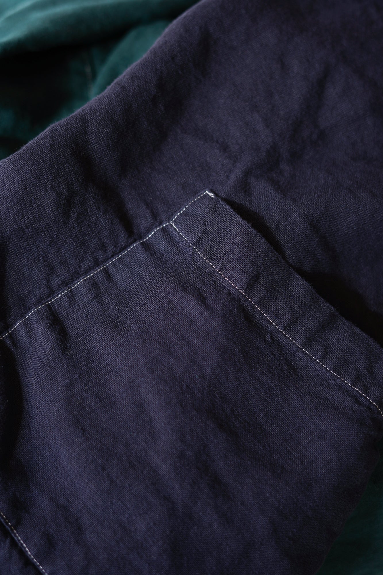 Emi Short Haori Jacket in Navy With Contrast Topstitch pocket detail