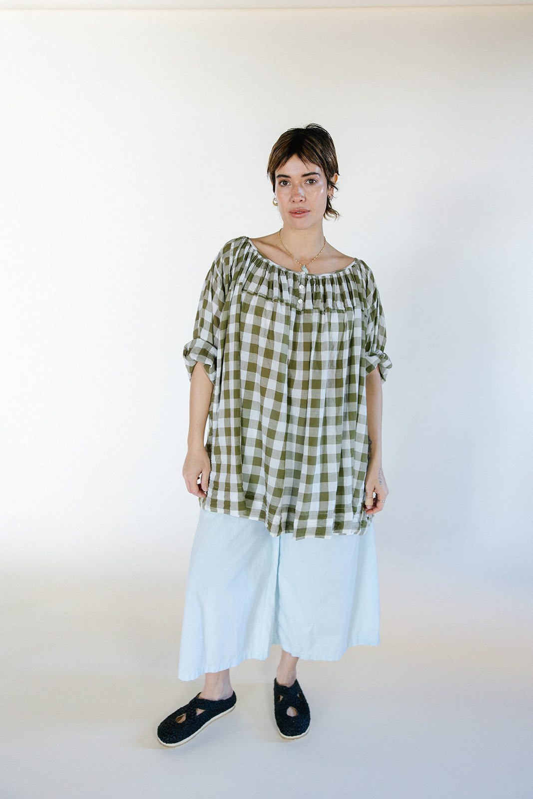 Gabrielle Gathered Blouse - Olive Check Cotton Voile