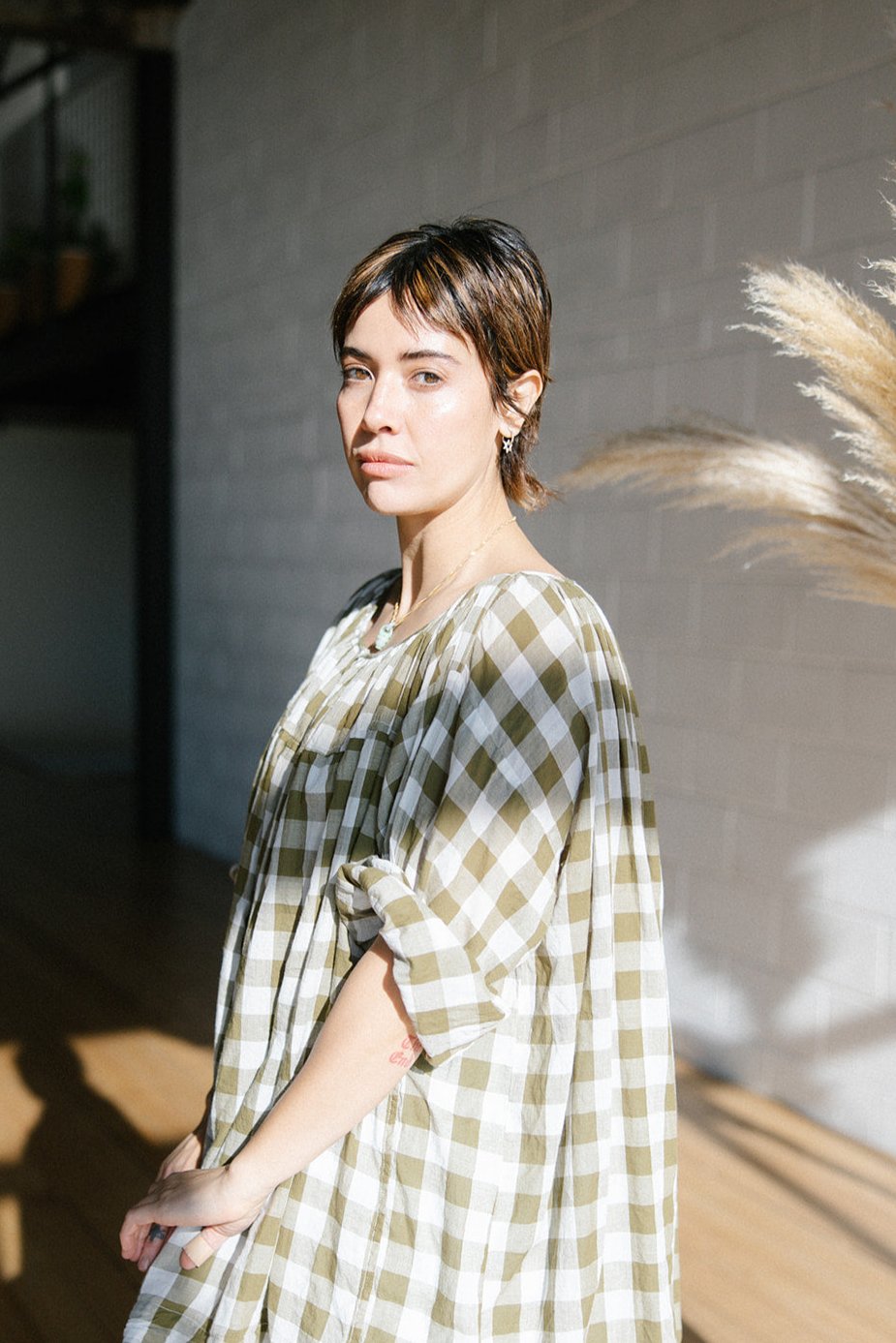Elle Gathered Dress - Olive Check Cotton Voile