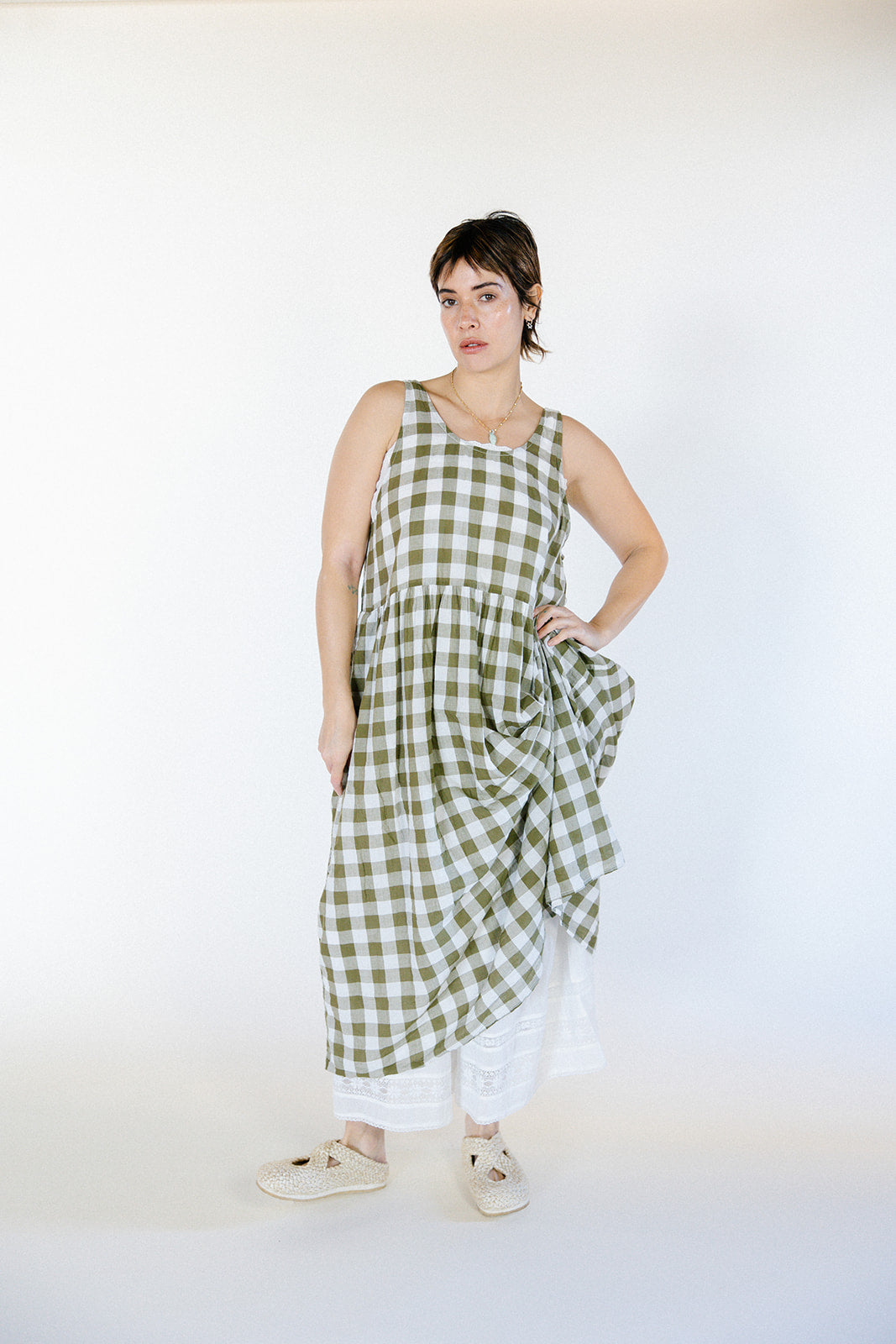 Long Waterfall Dress - Olive Check Cotton Voile