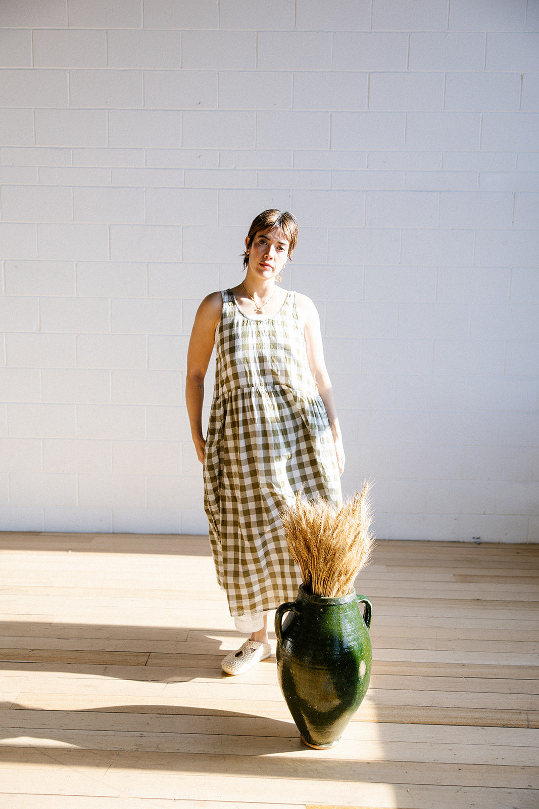 Long Waterfall Dress - Olive Check Cotton Voile