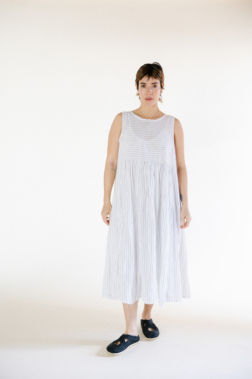 Dahlia Dress - White Stripe Cotton Voile