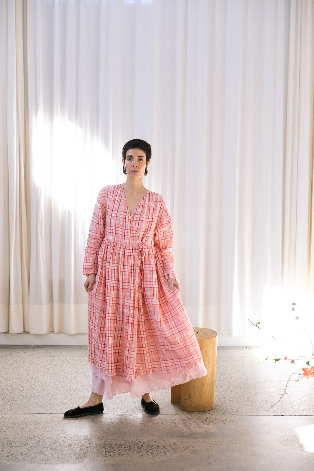 Amelie Wrap Dress - Light Linen - Red & Pink Check