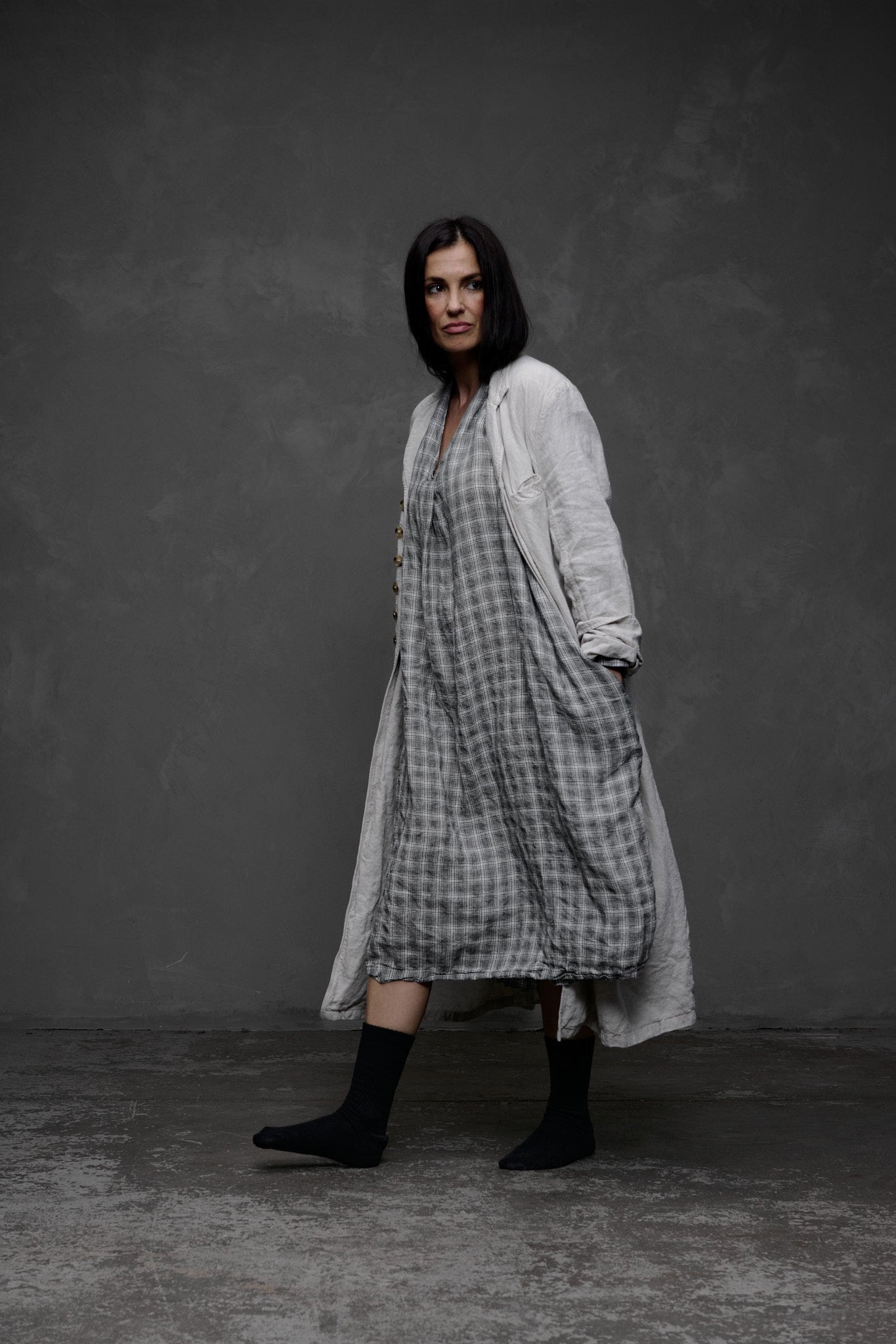 Ottilie V-Neck Dress - Textured Check Linen