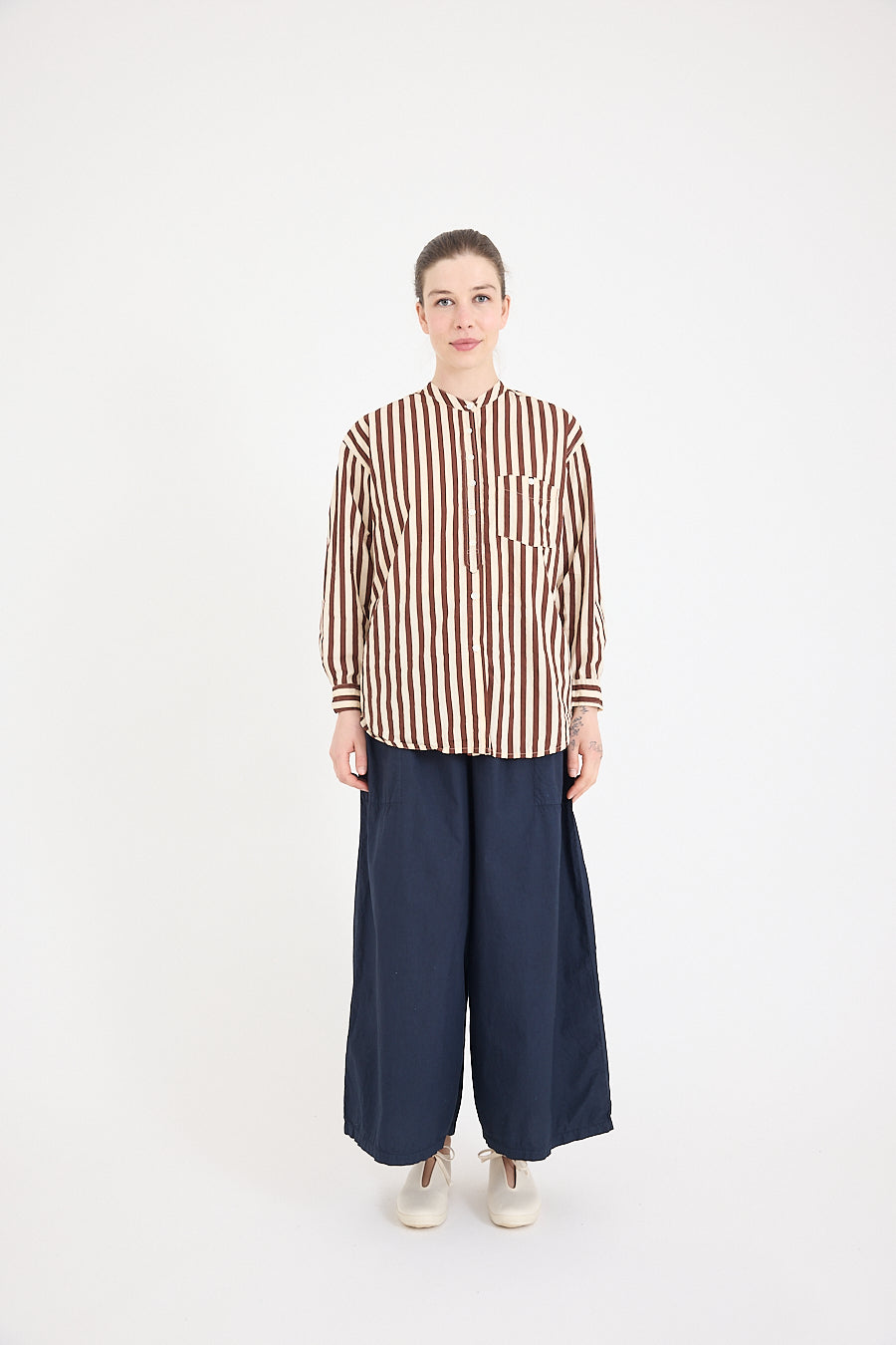 Italy Collarless Shirt in Coco Stripe Cotton Poplin