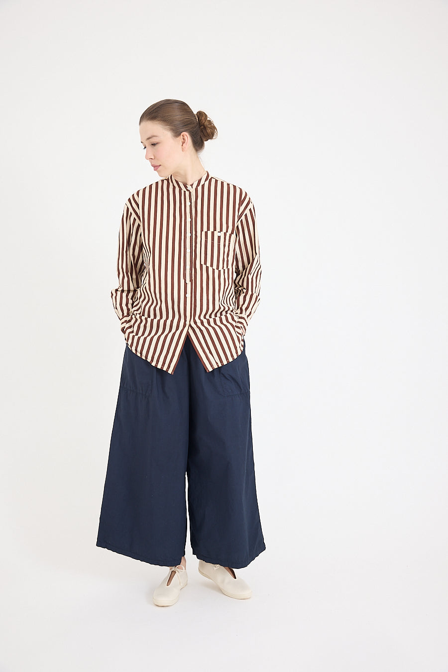 Italy Collarless Shirt in Coco Stripe Cotton Poplin