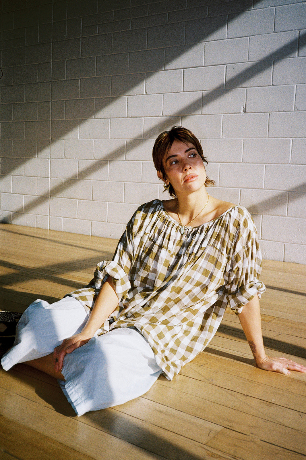 Gabrielle Gathered Blouse - Olive Check Cotton Voile