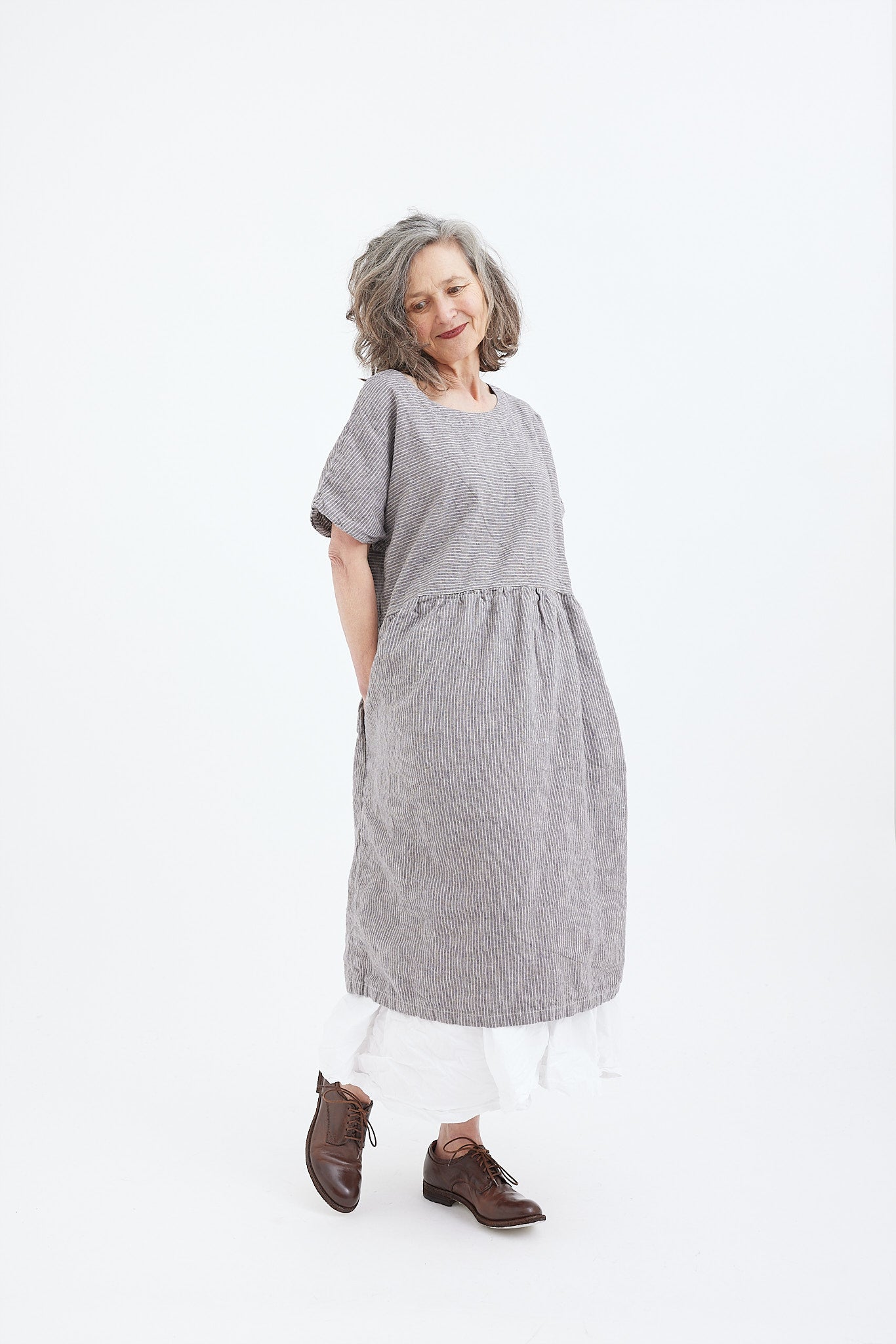Charlie Dress - Pebble Grey Stripe - Linen
