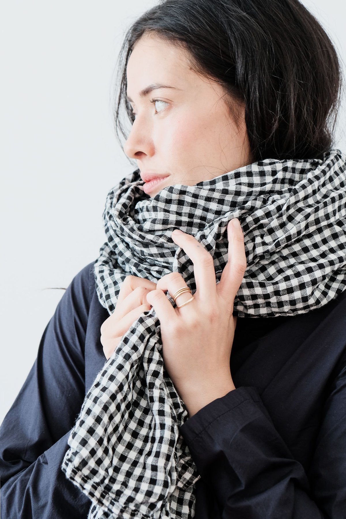 Scarf - Mid Weight Linen - Black And White Gingham Check