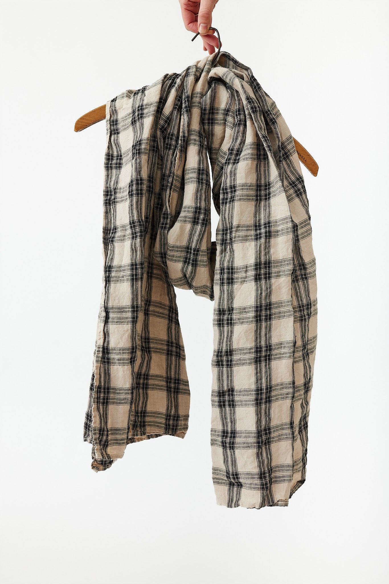 Scarf - Black & Natural Tartan Check Linen