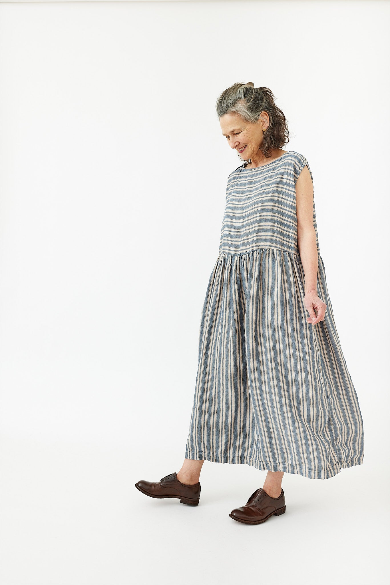 Avery Gathered Dress - Linen Thick Ticking Two Way Stripe